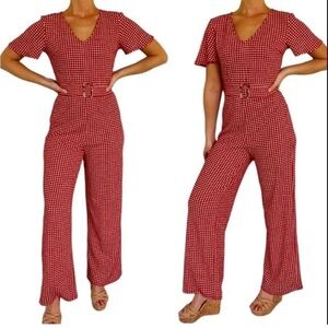 Monteau Red and White Checkered Flare Leg Jumpsuit With Belt Size Small. NWT.